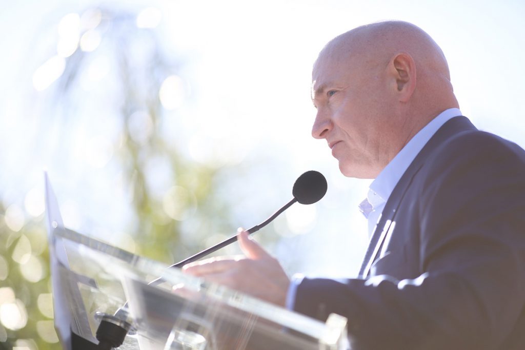 Mark Kelly speaks to supporters at a campaign rally.
